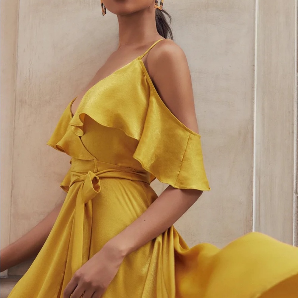 LULUS MUSTARD YELLOW OFF THE SHOULDER BOHO DRESS